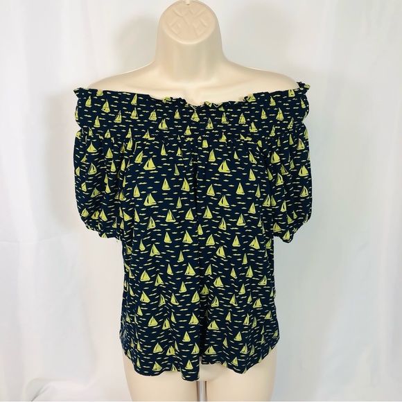 Anthropologie PORRIDGE Blue & Green Sailboat Off Shoulder Top w/Bow - Picture 4 of 8
